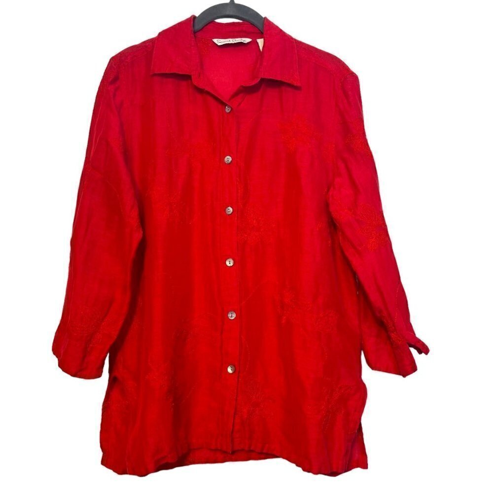 French Laundry Silk Linen Red Button Down Tunic Style Shirt Sz Small Embroidered